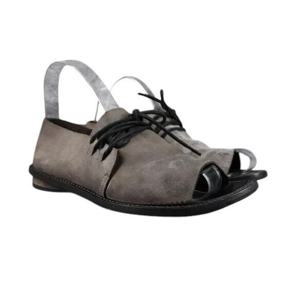 Anat Dahari Shoes Womens 36 Walk Handcrafted Leather Open Toe Flats Lace Up Gray - Picture 1 of 14